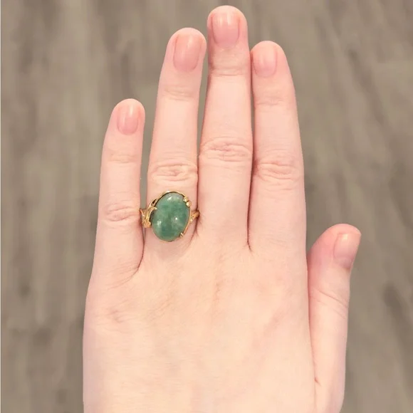 14K Large Aventurine Jade natural sparkling medium green vintage solid gold ring - Picture 10 of 11
